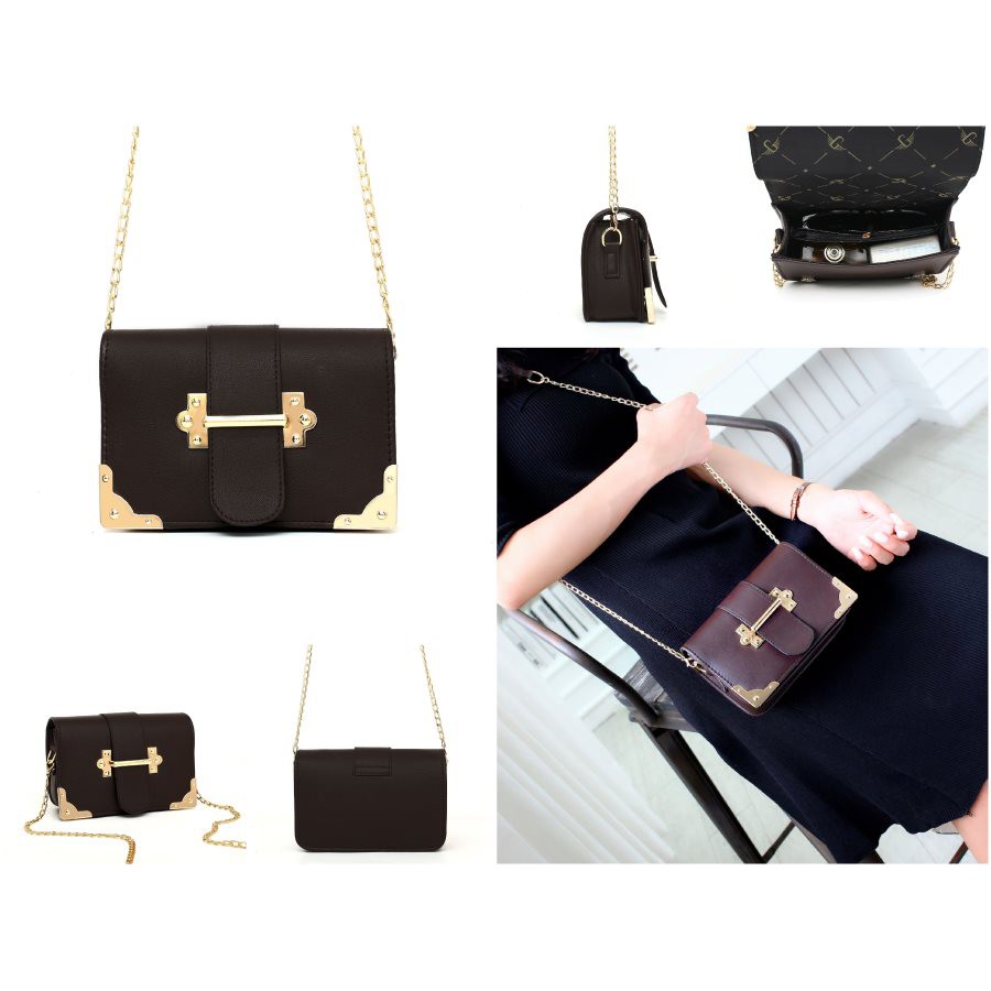 tas selempang logam emas wanita coklat chocolate colatta import tebal