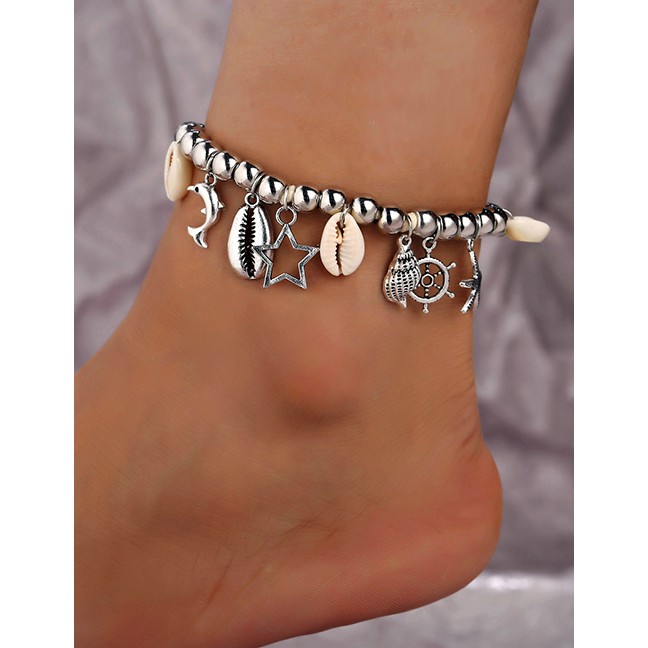 LRC Gelang Kaki Fashion Silver Silver Bead Shell Hollow Five-pointed Star Anklet F76908