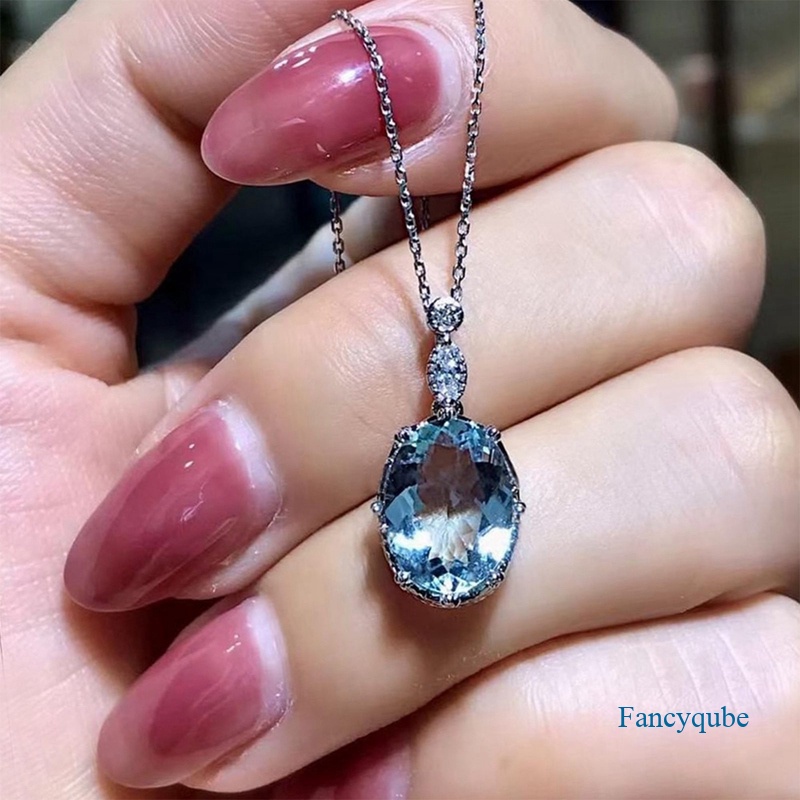 Fancyqube Kalung Liontin Cubic Zirconia Warna Biru Untuk Wanita