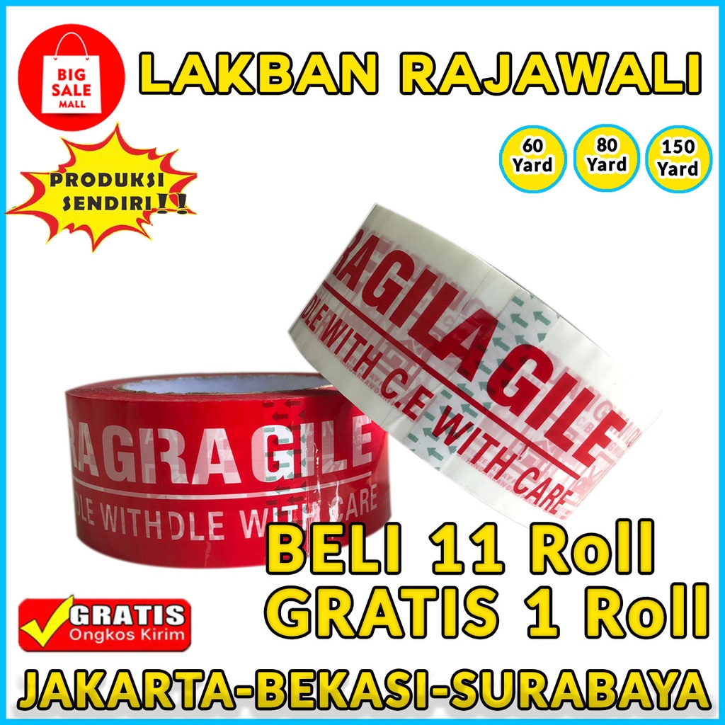 Lakban Packing Fragile merah, putih, Lakban olshop orange, hijau. 45cm.48cm 80 yard,90 yard,100 yard full meter