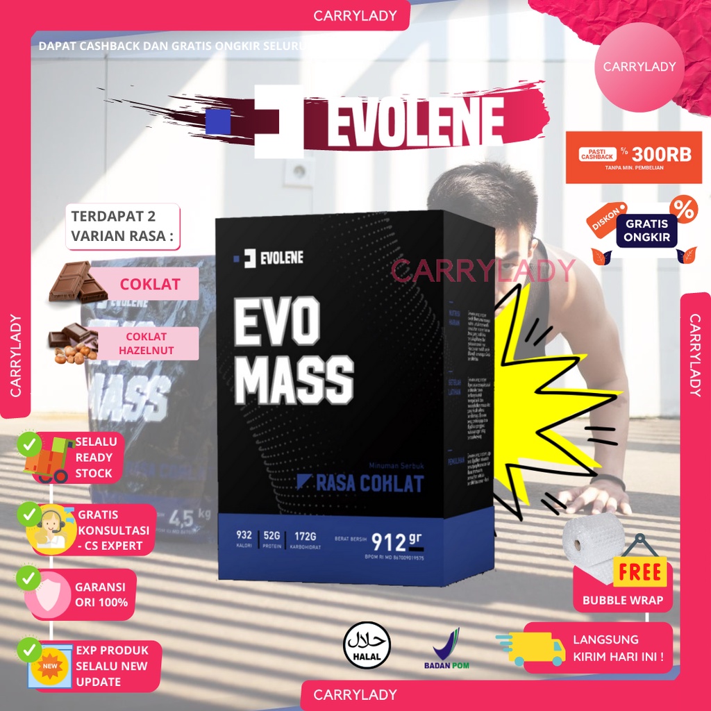 EVO MASS COKLAT 912GR BPOM HALAL EVOLENE SUSU PROTEIN SUPLEMEN FITNESS EVOMASS MAS GAINER PROGAINER PRO GAINER