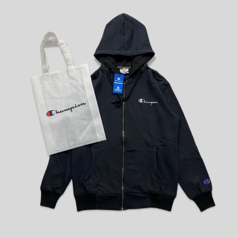 HOODIE ZIPPER CHAMPION BORDIR HITAM | JAKET HOODIE CHAMPION | SWEATER CHAMPION FULL TAG & LABEL PREM