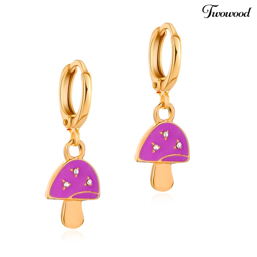 Twowood 1 Pair Mushroom Shape Rhinestone Drop Earrings Alloy Piercing Bright Color Clip Earrings Jewelry Accessory