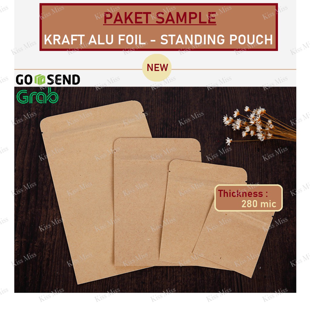 PAKET SAMPLE KRAFT ALU FOIL STANDING POUCH - KEMASAN BIJI KOPI - ALUMINIUM ZIPLOCK - SNACK - BUMBU