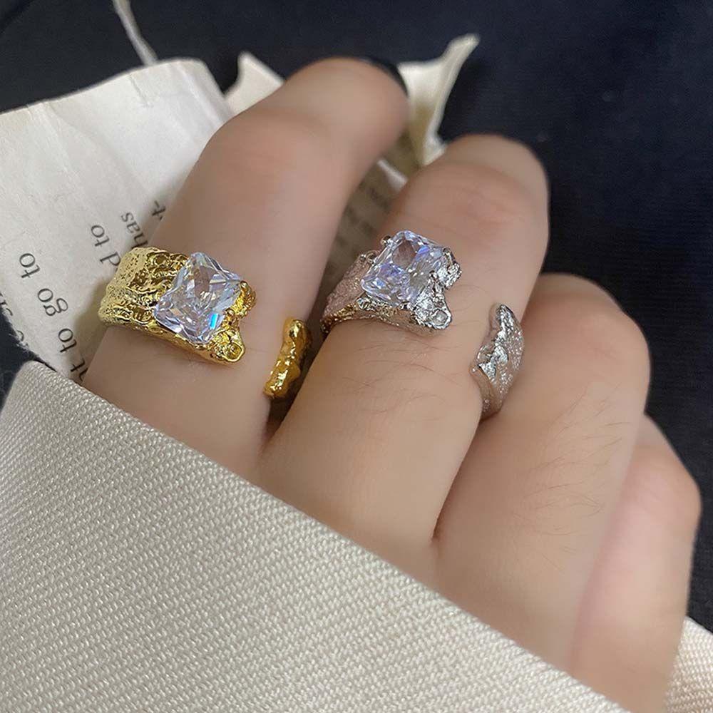 Mxbeauty Wanita Jari Cincin Mewah Indah Romantis Warna Emas Warna Perak Geometris Berlian Imitasi Adjustable Gaya Korea