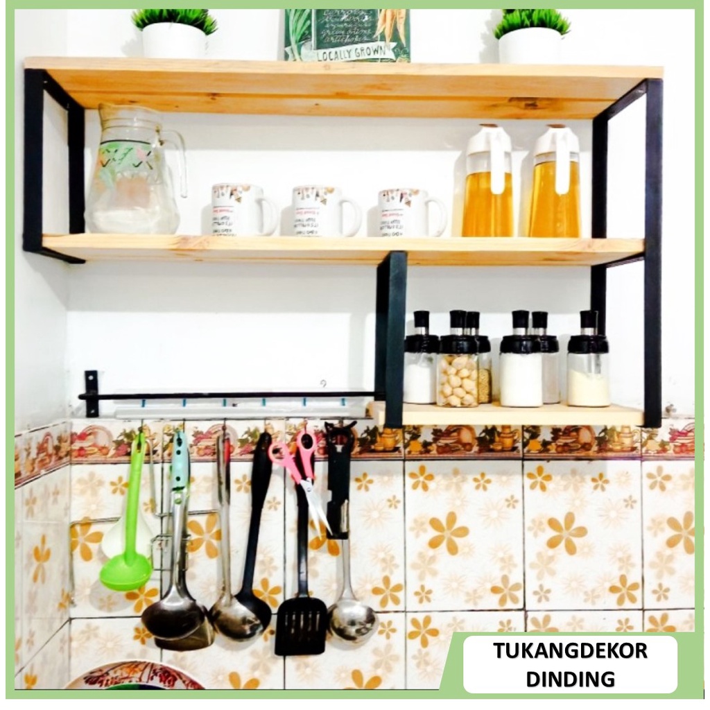 Rak Bumbu Dapur 3susun Serbaguna / Kayu besi Minimalis gantung dinding / RAK DINDING KAYU DAN BESI M
