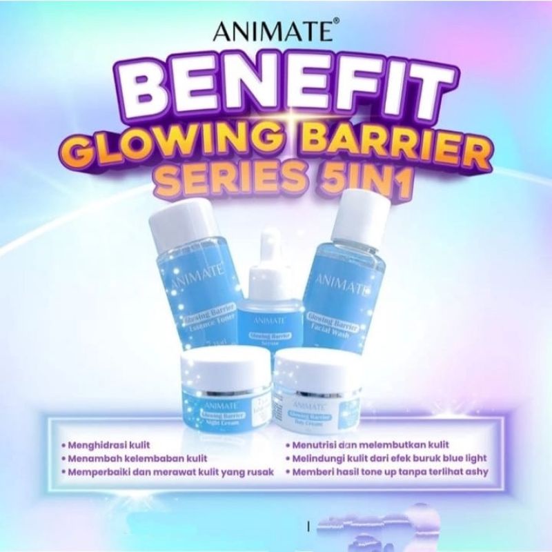 [BIRU] Animate Glowing Barrier Series Paket 5 in 1 (Day Cream | Night Cream | Facial Wash | Essence Toner | Serum)