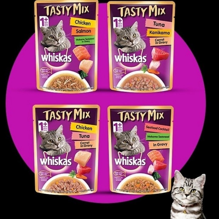 WHISKAS Tasty Mix Makanan Kucing Basah Pouch 70gr - 1 DUS (Isi 24pcs)