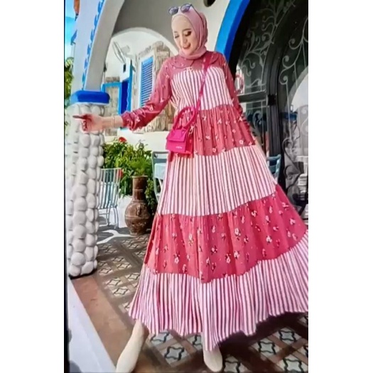 gamis shakila import premium motif salur kombinasi