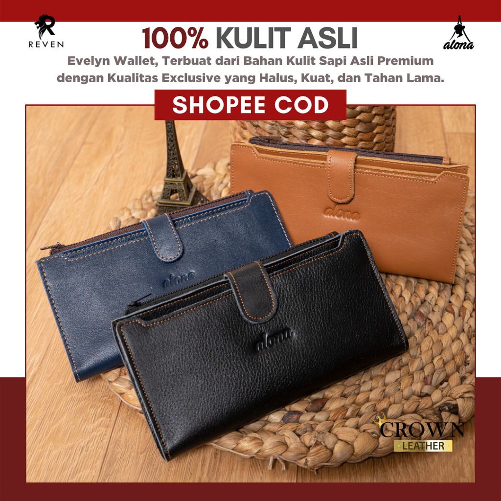 Dompet Wanita Panjang Kulit Asli Muat HP dan Uang Fashion Wanita Dompet Bahan Kulit Sapi Asli Lipat Branded Simple Lucu Elegan Terbaru Evelyn Series High Quality by Crown Leather Crownleather Store