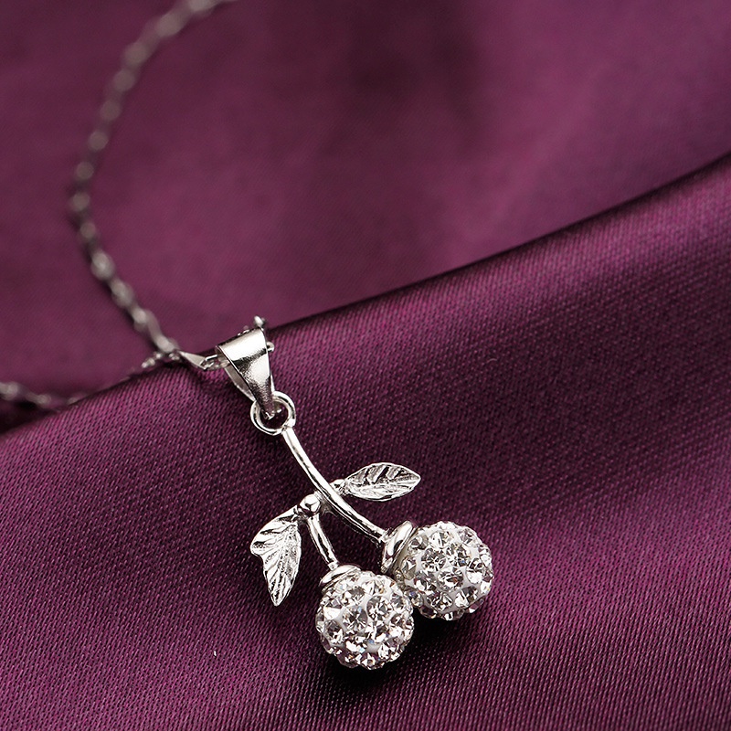 [Ready Stock]Fashion Personality Cherry Diamond Pendant Silver Necklace