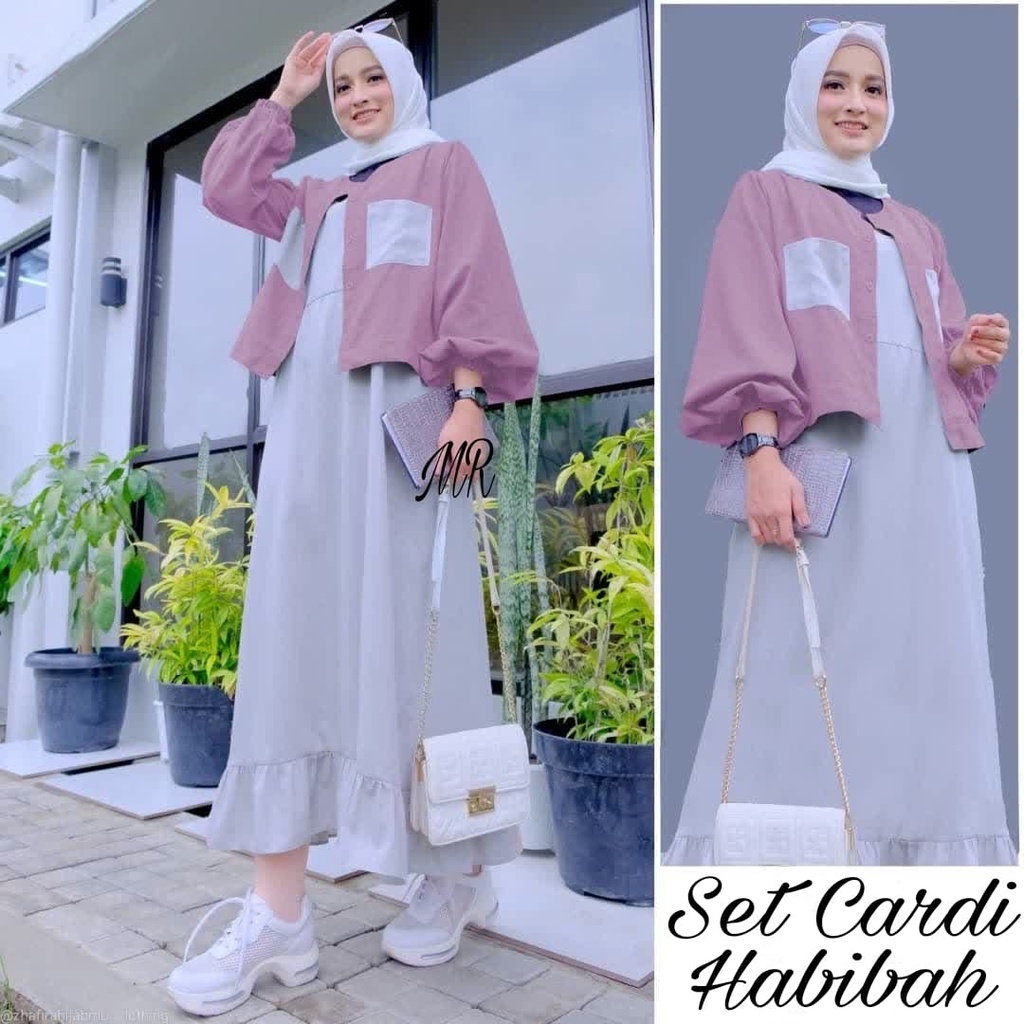 4 UKURAN ( M L XL XXL ) SET CARDI HABIBAH PAKAIAN FASHION WANITA DRESS 2IN1 INNER DAN OUTER MOSCREPE MR ADA VIDEO REAL PICT