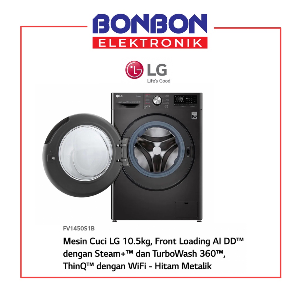 LG Mesin Cuci Front Loading 10.5KG FV1450S1B Inverter ThinQ Wifi