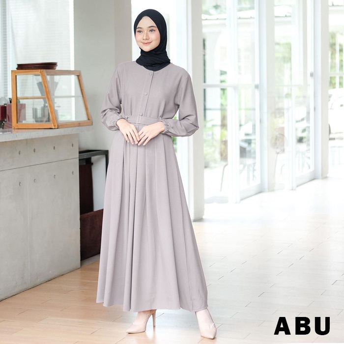 Gamis Terbaru Long Aluna Maxi Dress Kondangan Wanita Muslim Syari Remaja Murah Kekinian Terbaru 2021 BUSUI BUMIL DRESS MOSCREPE-ABU+BELT