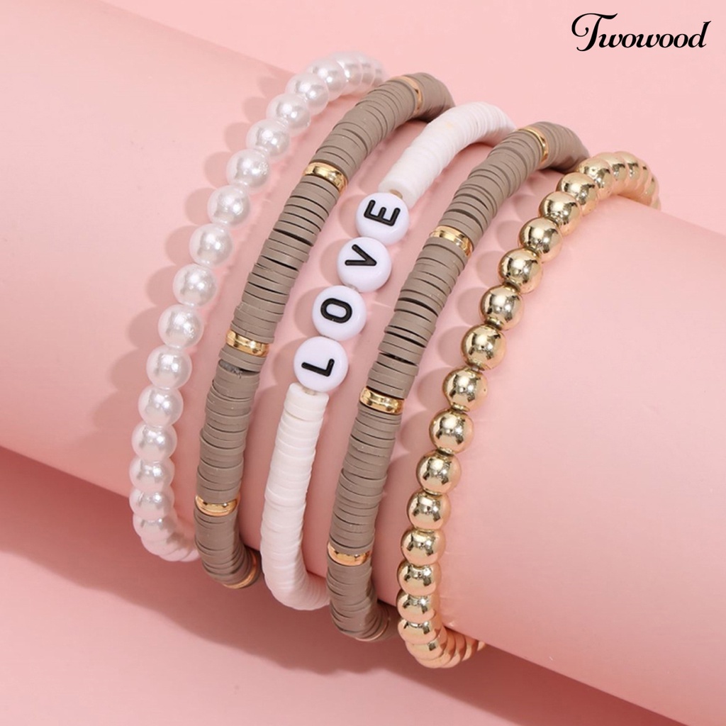 5pcs Gelang Bahan Polymer Clay Motif Tulisan Love Warna-Warni Gaya Bohemian Untuk Unisex