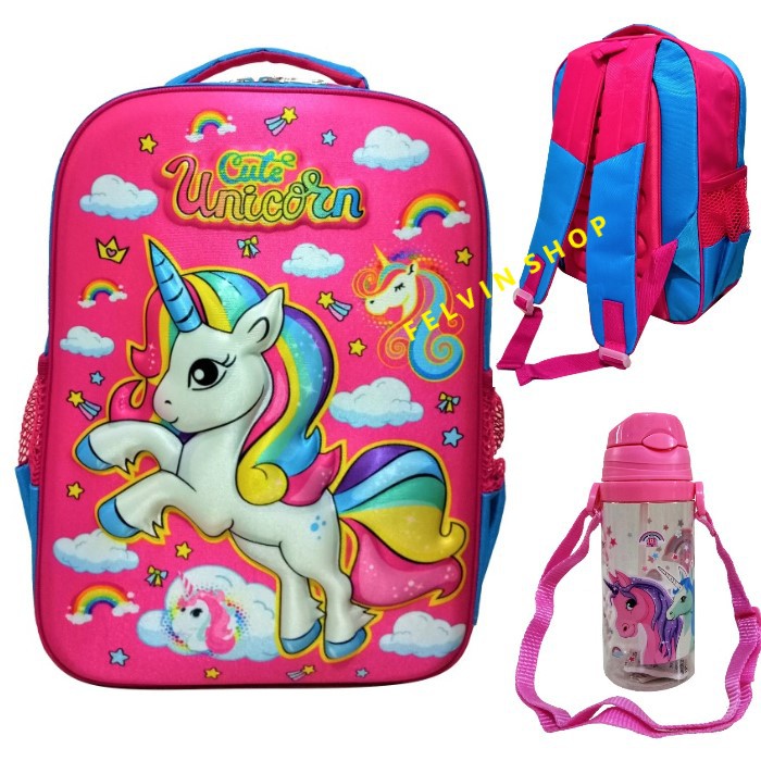 Tas Ransel Anak Perempuan SD UNICORN PINK + BOTOL MINUM UNICORN