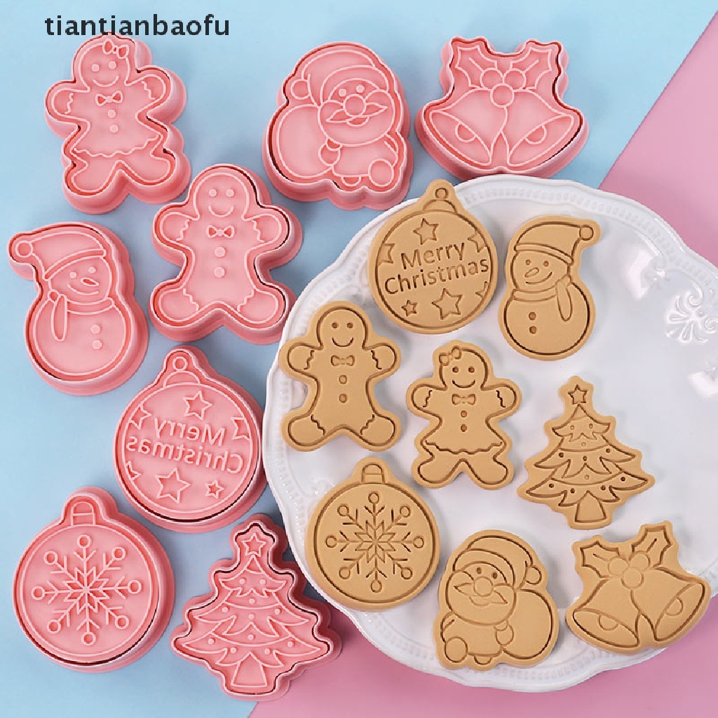 8pcs Cetakan Pemotong Kue / Biskuit Bentuk Stempel Natal 3D