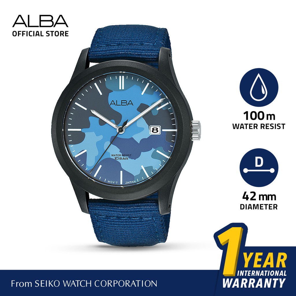 Alba Active Jam Tangan Pria Field AS9K35 / AS9K35X1 Quartz Blue Army Camuflage Dial Nylon Strap Watc