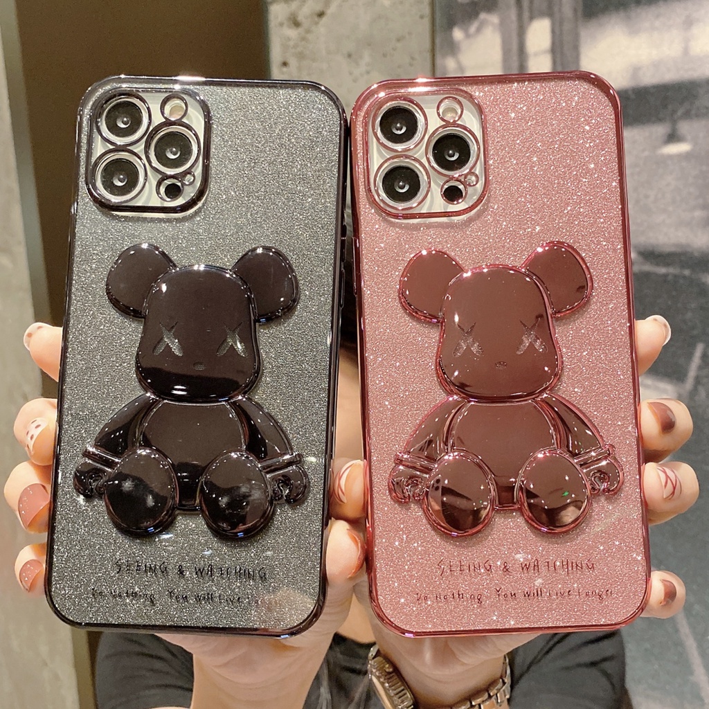 Casing Soft Case iPhone 11 12 13 Pro MAX XR XS MAX 7 + 8Plus XX 6D Motif Beruang Glitter