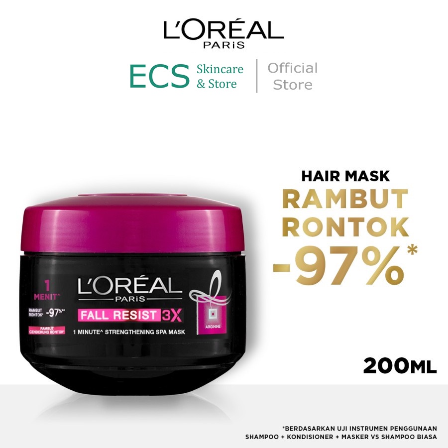 SHAMPOO / CONDITIONER / HAIR MASK L'Oreal Paris Fall Resist 3x Complete Set - Perawatan Rambut Rontok Loreal - Ukuran 450 ml / 280 ml / 170 ml - PENCUCI RAMBUT Loreal Shampo Sampo Condisioner HITAM-Hair Mask 200 ml