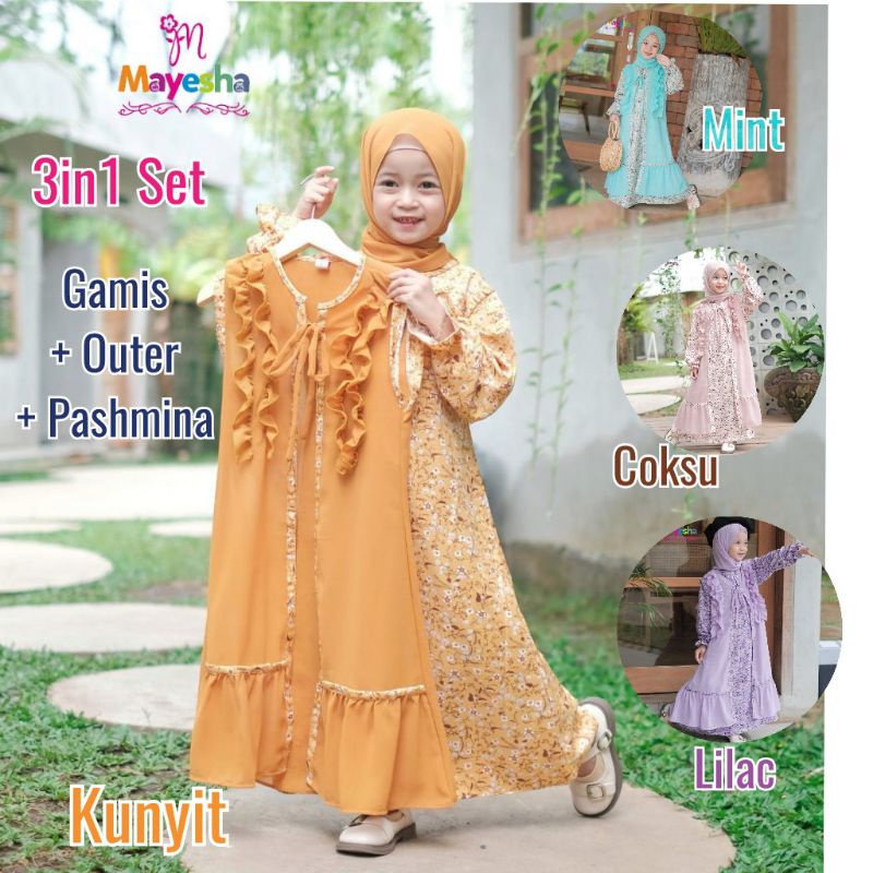 [3-7th] READY STOCK GAMIS ANAK CLARISSA SET GAMIS OUTER PASHMINA 3IN1 3-7 TAHUN MATT SHAKILA MIX CERUTY / BAJU GAMIS LEBARAN ANAK PEREMPUAN PREMIUM CLARISSA SET ORIGINAL BY MAYESHA / GAMIS ANAK + OUTER CERUTY CLARISSA SET 3IN1 BY MAYESHA