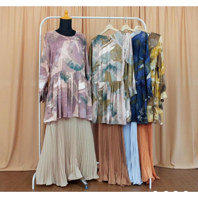 Set dress tunik rok plisket nyatu bahan premium