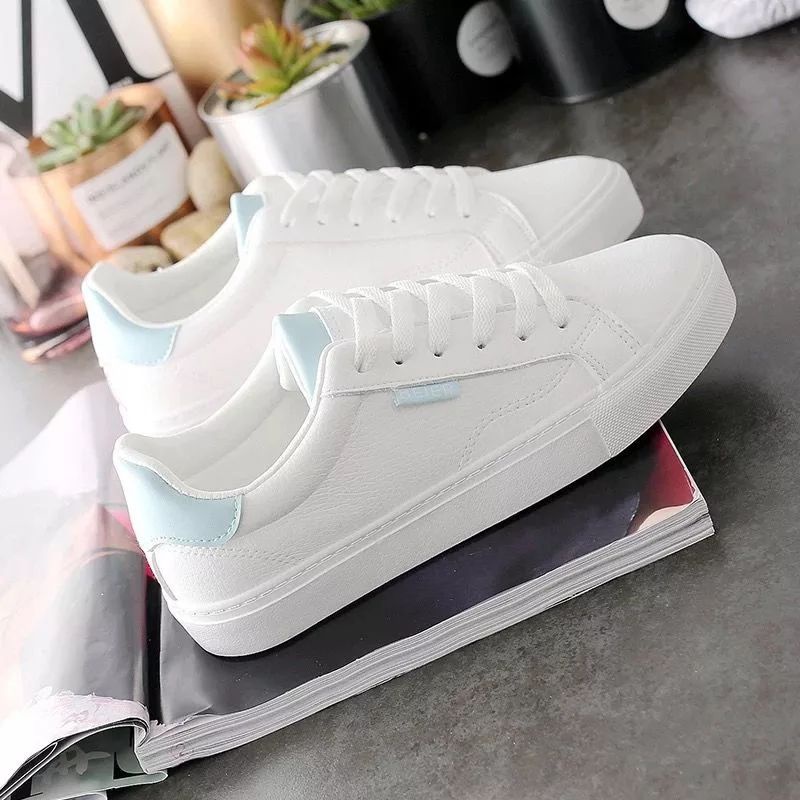 Bryan Jayden Sneakers Tali Putih Polos Kuliah Kerja Sekolah Sepatu Kets Wanita Unisex BO55-White Blue Tosca