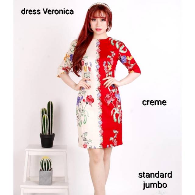 DRESS BATIK  VERONICA EDISI  IMLEK  WARNA MERAH MOTIF BUNGA 