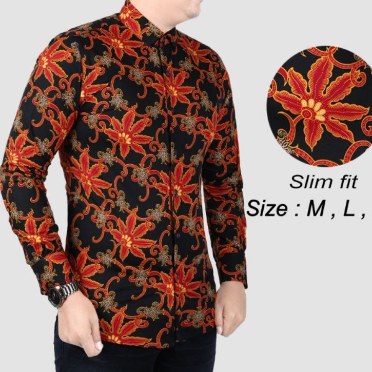 Baju Batik Pria Slimfit Kemeja Batik Pria Lengan Panjang Colin Dion Hem Baju kerja Distro Merah