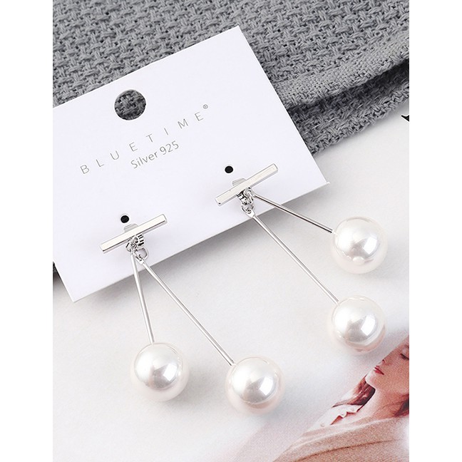 LRC Anting Tusuk Fashion Platinum Plated Double Pearl S925 Silver Needle Stud Earrings Y62554