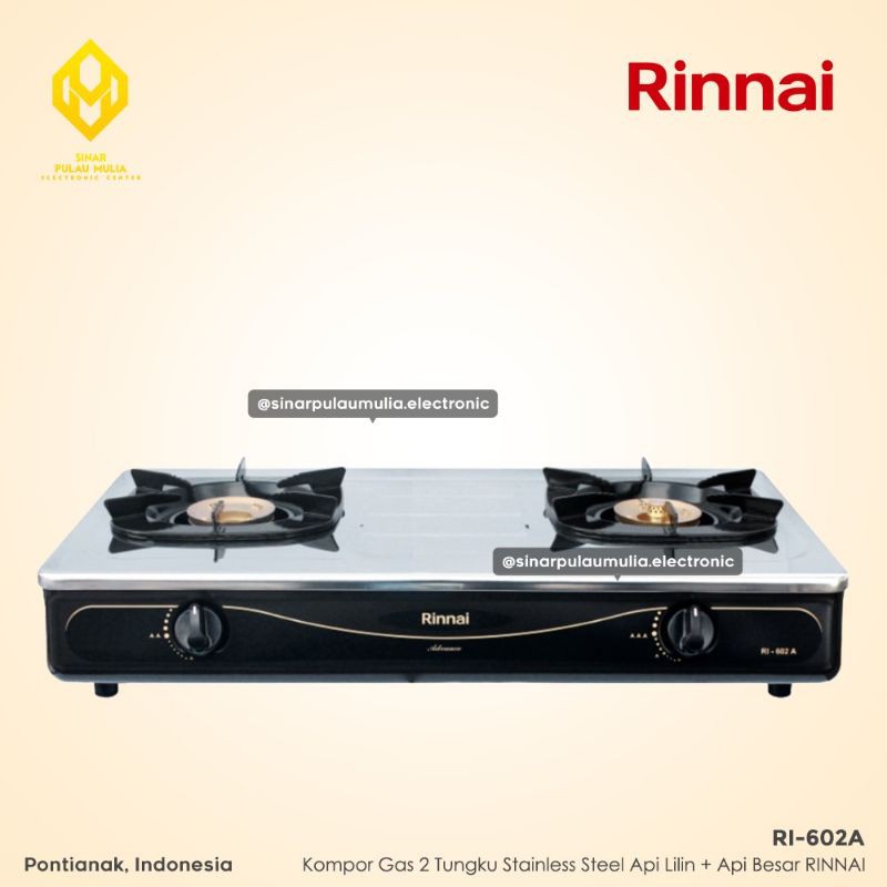 Rinnai Kompor Gas 2 Tungku Stainless Steel Api Lilin - RI-602A / RI 602A / RI 602 A / RI602 A