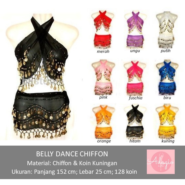 Belly Dance Belt Sifon Chifon Set Selendang Tari Perut Senam Koin Emas Pinggul Hip Scarf Dance Gold Coin Zumba