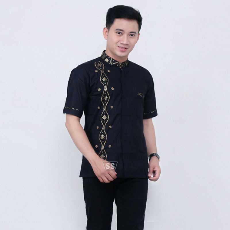 Baju Kemeja Batik Koko Kombinasi Semi Bordil Emas