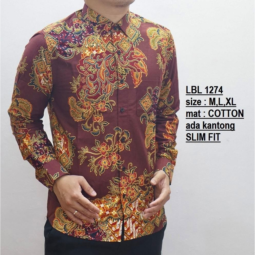 Luigi Baju Batik Pria | Kemeja Batik Slimfit | Lengan Panjang Hem Katun MARUN LBL1274