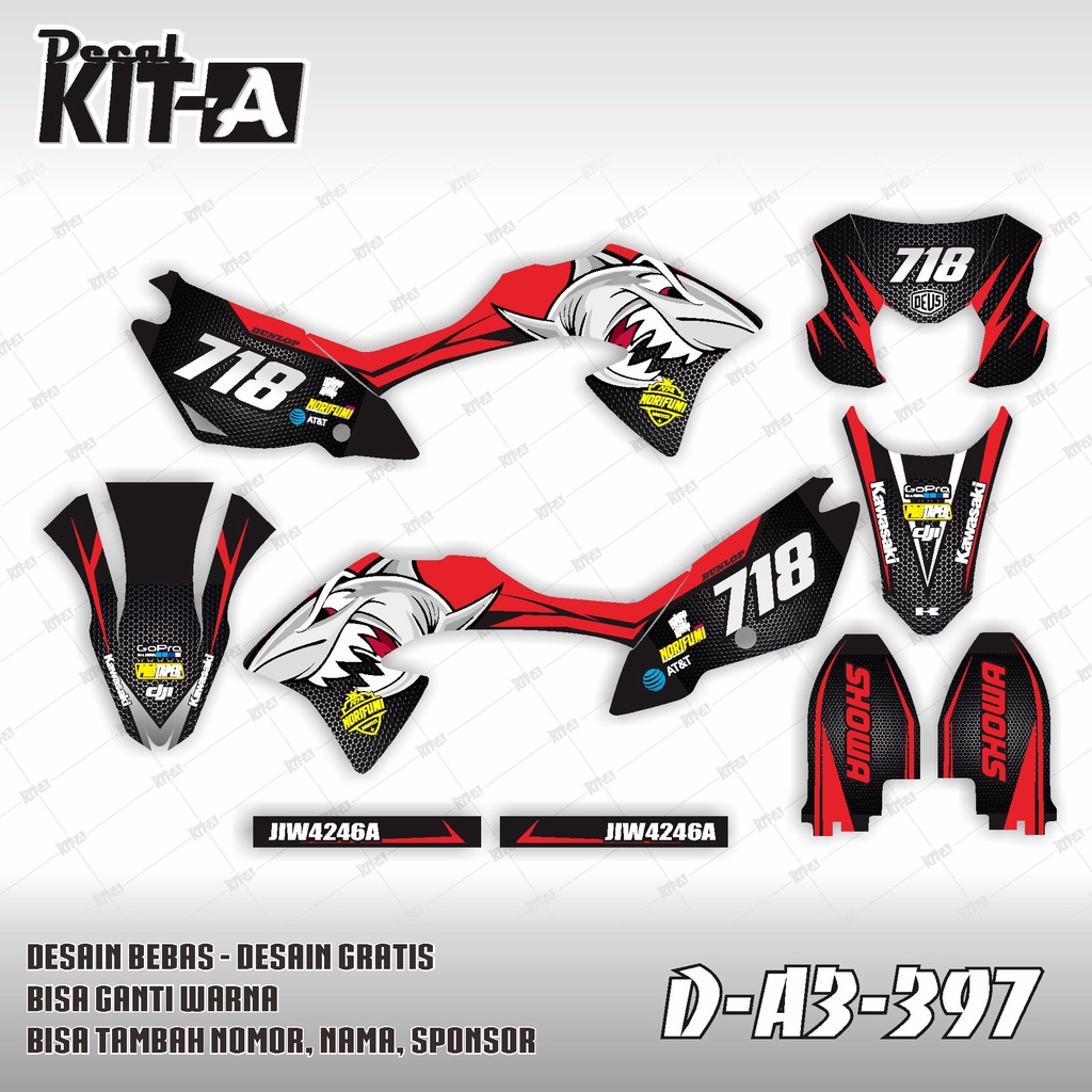 Decal Stiker KLX 150 BF Dekal Variasi Sticker Striping Custom Full Body hiu merah D-A3-397