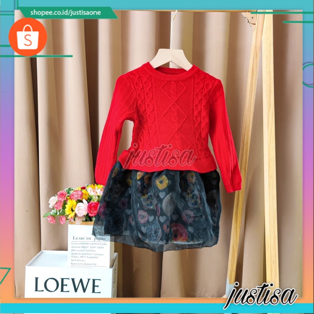 Promo !! Dress rajut anak cewek / dress rajut wolfis pattern  import ukuran 2-4tahun (merah, hitam) / Dress rajut import