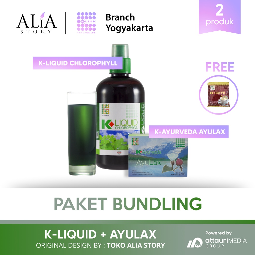 BUNDLING K-Liquid Chlorophyll + K-Ayurveda AyuLax - BONUS 1 Sachet K-Coffee 4 in 1 -  Original by Al
