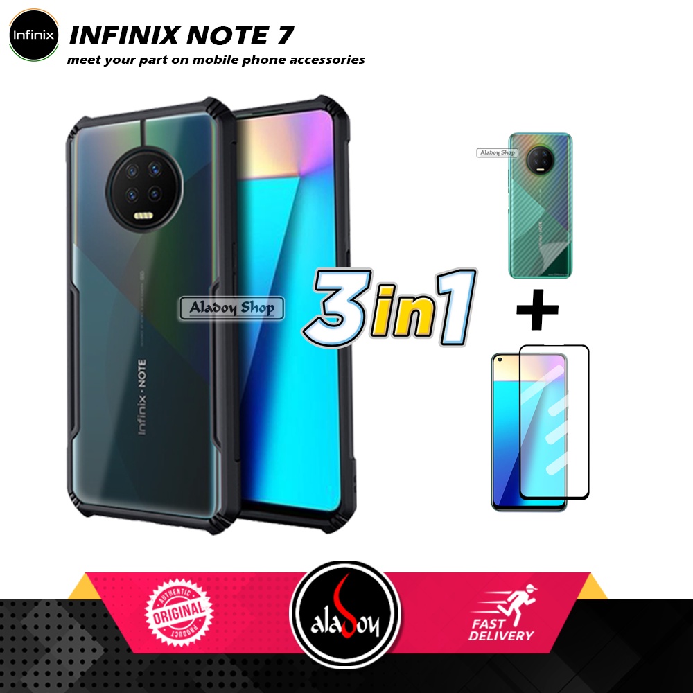 Case Infinix Note 7 Armor Fushion Transparent Casing + Tempered Glass Full Layar dan Skin Carbon