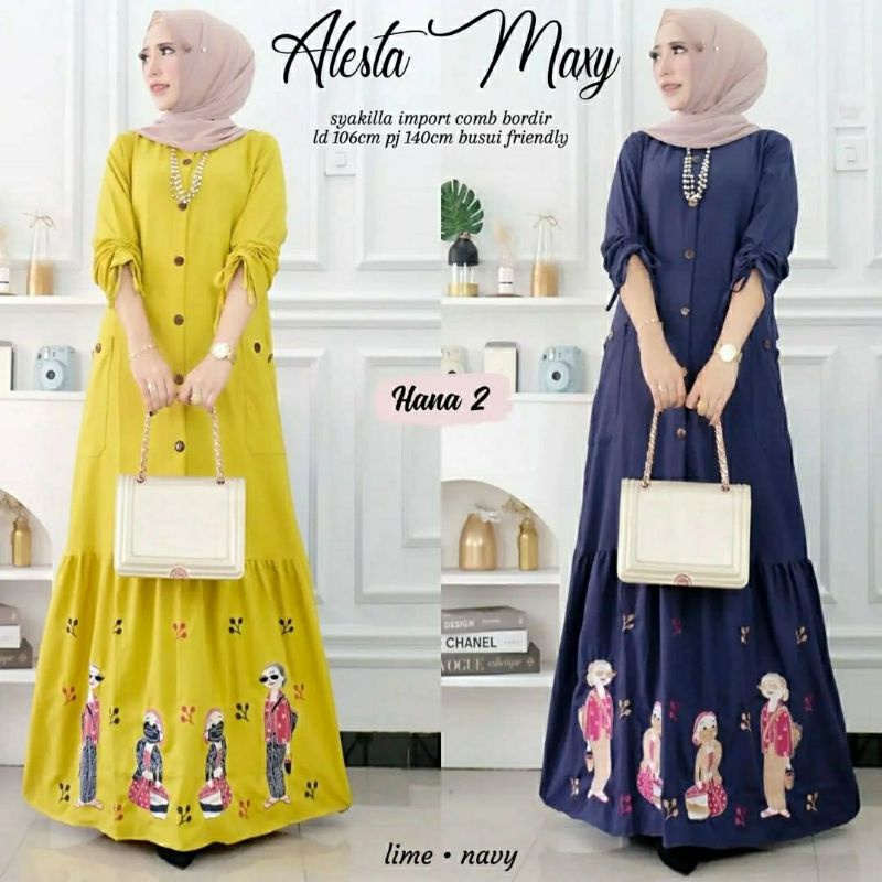 Alesta Maxy GAMIS WANITA MUSLIM CANTIK FIT XXL LD 112 BAHAN SHAKILA IMPORT MIX BORDIR TERMURAH OOTD