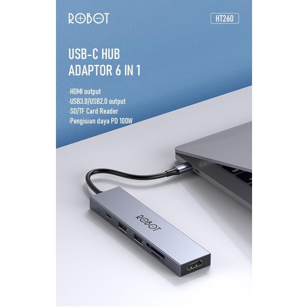 Robot HT255 Type-C USB Hub with HDMI Adapter / ROBOT HT260 Multiport 6 in 1 USB Type C HUB Adapter Portable