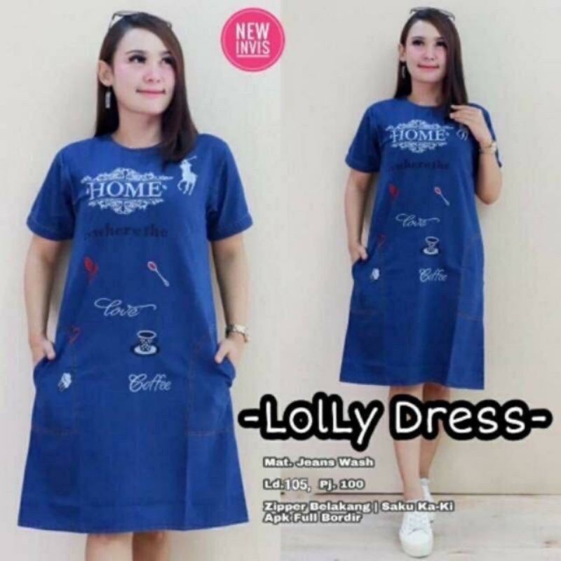 Loly Dress Jeans Bordir Home Love Coffee Denim Navy