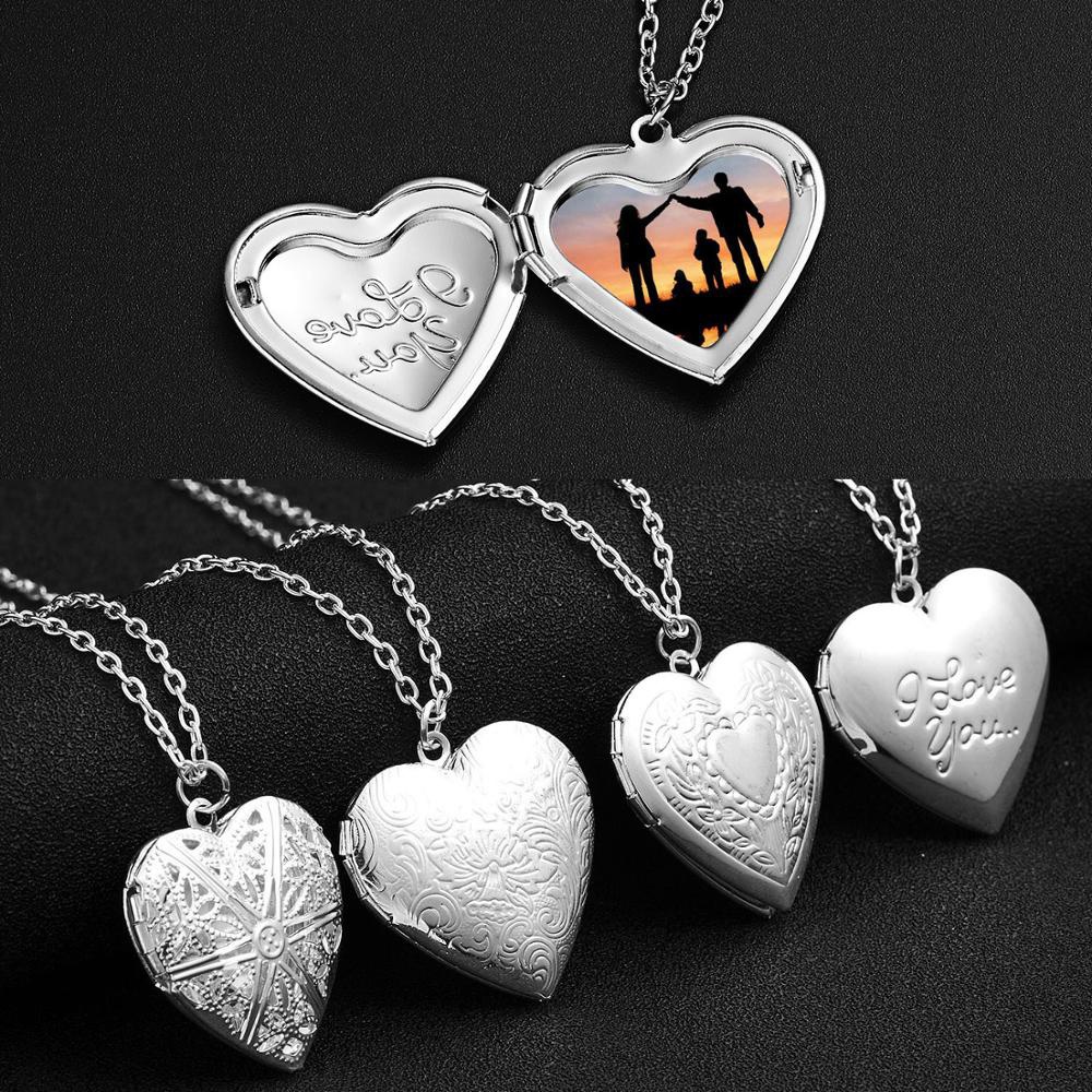 Fashion Silver Color Love Heart Locket Pendants for Women Men Openable Photo Frame Glossy Family Pet Picture Necklace Family Love Gift