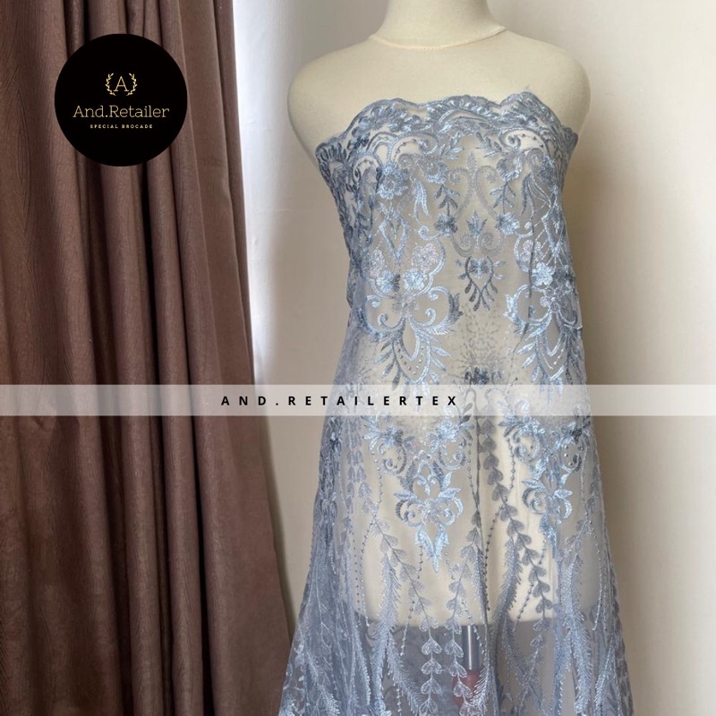 Bahan Kebaya Mewah Brokat Tile Payet Gloria Exclusive Warna Silver Blue