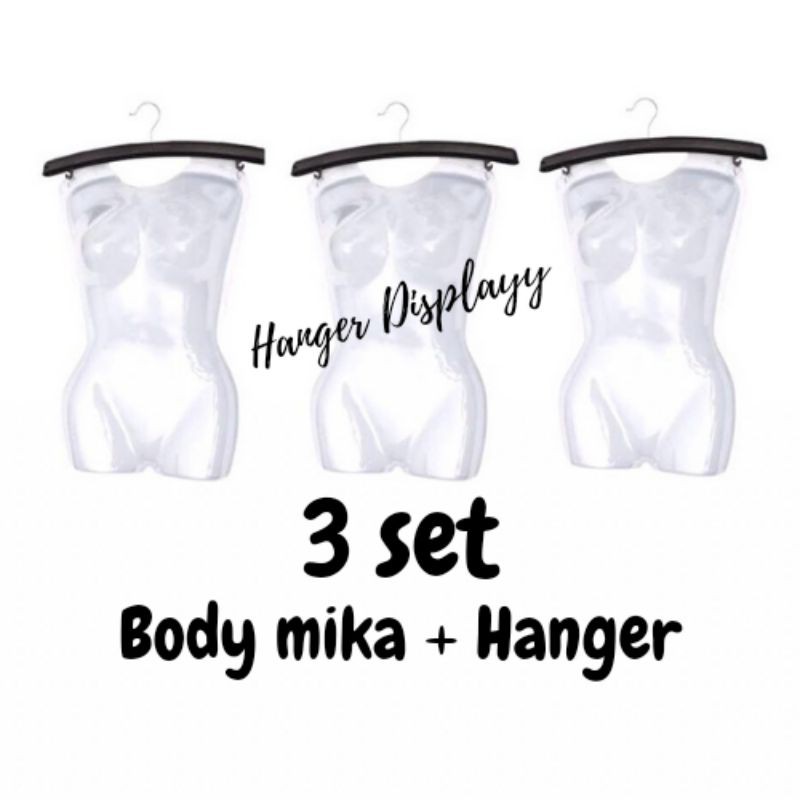 Manekin Mika Bodi Gantung Full Bening Cewek + Hanger / Patung Body Baju Display ( 3 pcs )