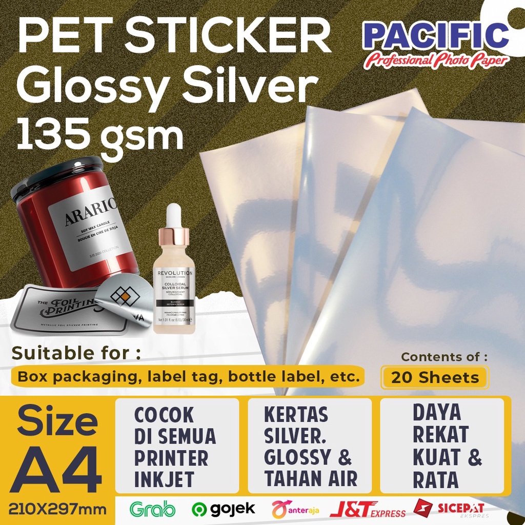 

Kertas Stiker Glossy Silver / Sticker Paper Vinyl Inkjet 135 gsm