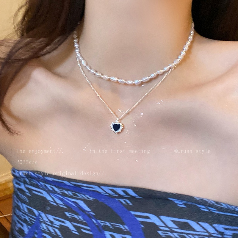 Kalung Rantai choker Liontin Hati Mutiara Ganda Warna Hitam Untuk Aksesoris Perhiasan Wanita