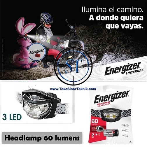 Senter Kepala Energizer HeadLamp 3 Led 3 Baterai Universal 60 Lumens