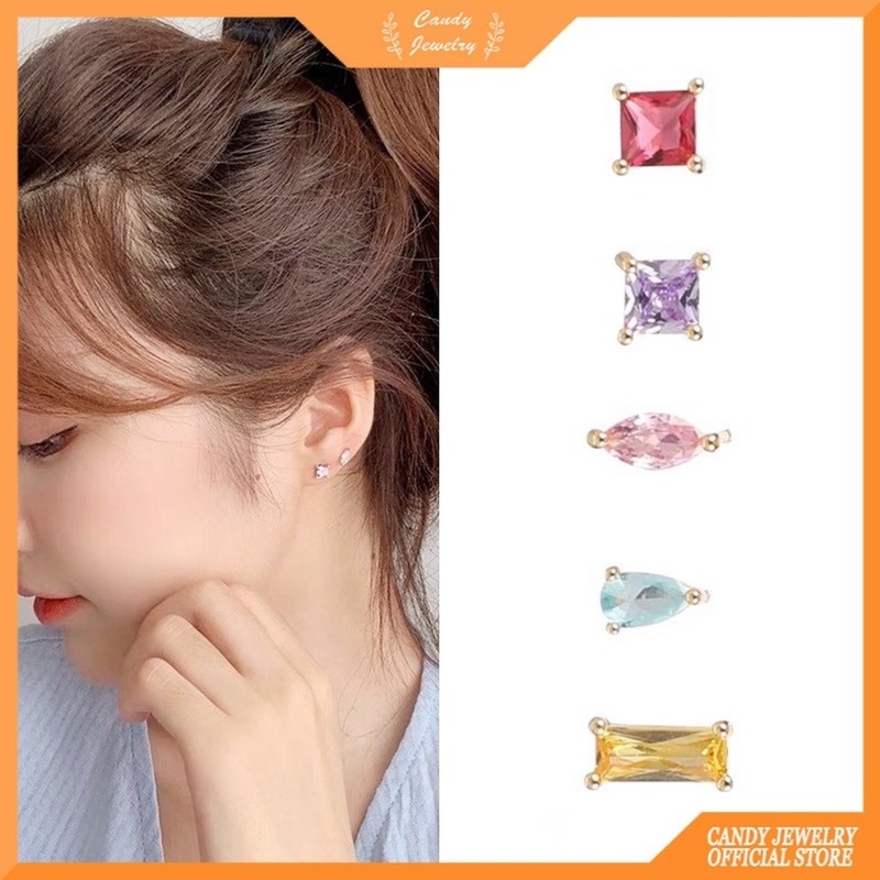 Set Anting Tusuk Lapis Silver 925 Hias Zircon Warna Permen Untuk Wanita