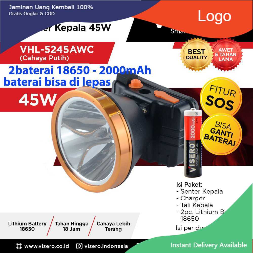 Senter kepala 45w cahaya putih VISERO VHL-5245 45w 2baterai lepas18650