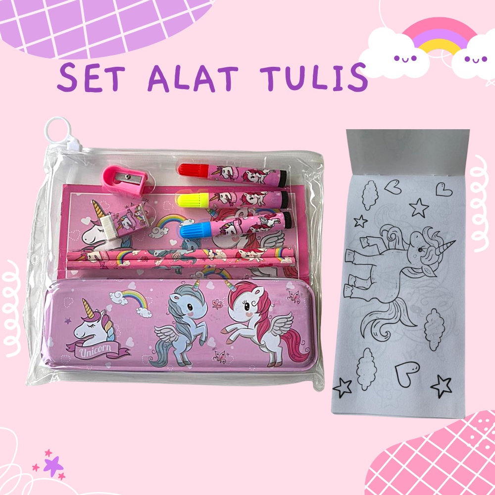 Paket Alat Tulis Set Stationary Tempat Pensil Cewek Perempuan Kado Spidol Buku Mewarnai Unicorn Pony